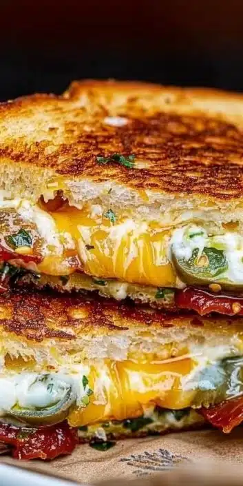 Delicious roasted jalapeno popper grilled cheese sandwich topped with jalapenos