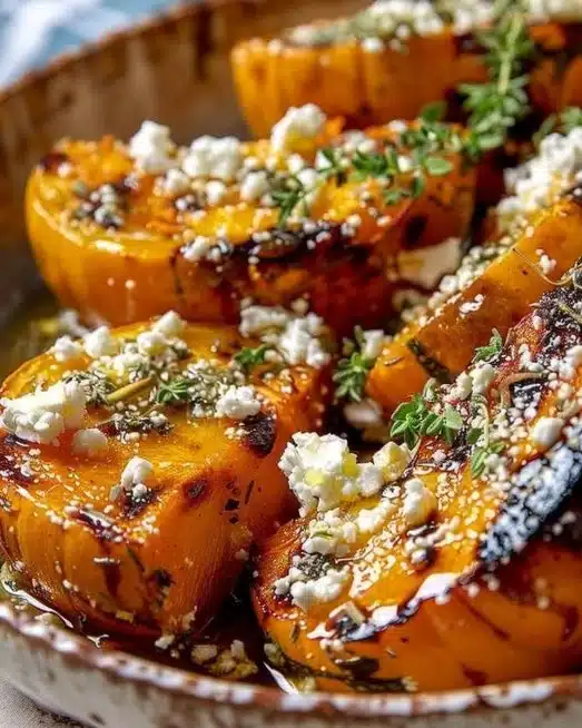 Roasted pumpkin topped with feta cheese and drizzled with honey