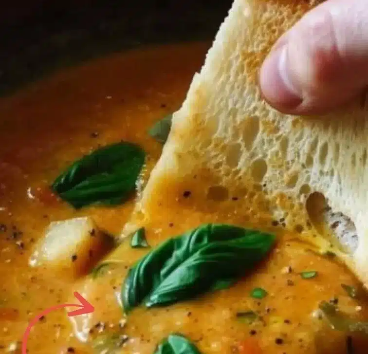Delicious bowl of roasted veggie soup with fresh vegetables and herbs