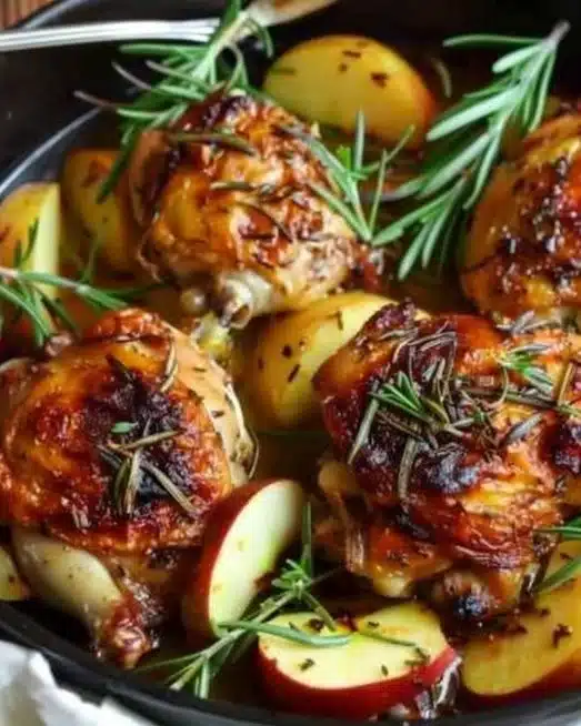 Delicious Rosemary Apple Cider Chicken garnished with herbs