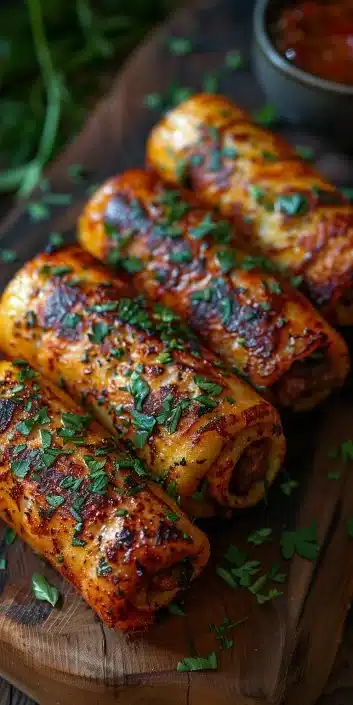 Sausage French Toast Roll-ups served on a plate with syrup drizzle