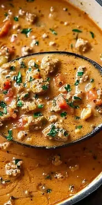 Delicious homemade sausage soup in a bowl with fresh herbs and vegetables.
