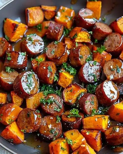 Sheet pan sausage with sweet potatoes and honey garlic sauce
