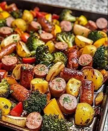 A colorful sheet pan of sausage and mixed veggies ready for the oven.