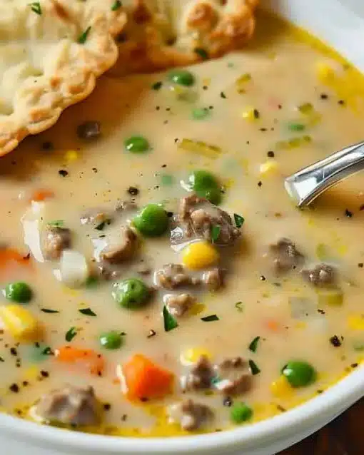 Delicious Shepherd's Pie Soup served in a bowl with herbs and a rustic background.