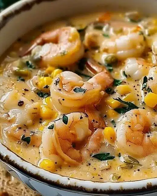 Bowl of Shrimp Chowder with corn and herbs, topped with a sprinkle of black pepper.