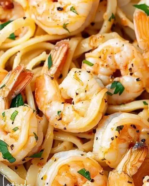 Delicious Shrimp Scampi with garlic, butter, and pasta in a skillet