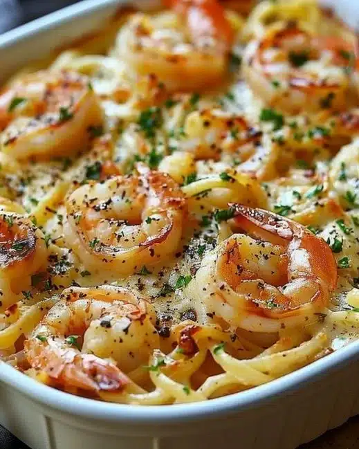 Delicious Shrimp Scampi Pasta Bake topped with cheese and herbs