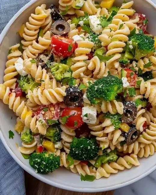Bowl of colorful high protein pasta salad with fresh vegetables and dressing