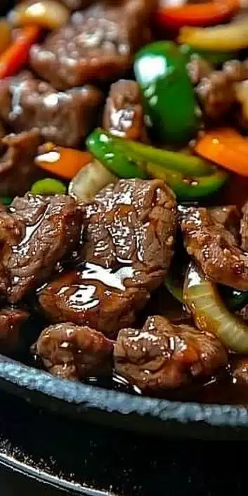 Delicious sizzling Chinese pepper steak with onions served on a plate.