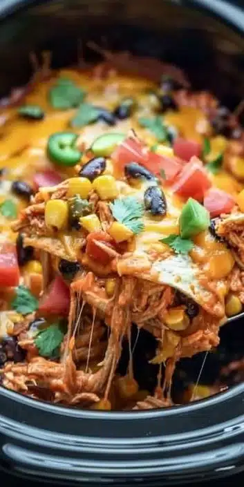 Slow cooker chicken enchilada casserole topped with cheese and fresh herbs