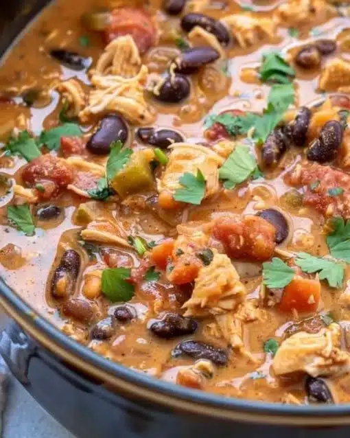 Bowl of Slow Cooker Cream Cheese Crack Chicken Chili topped with green onions