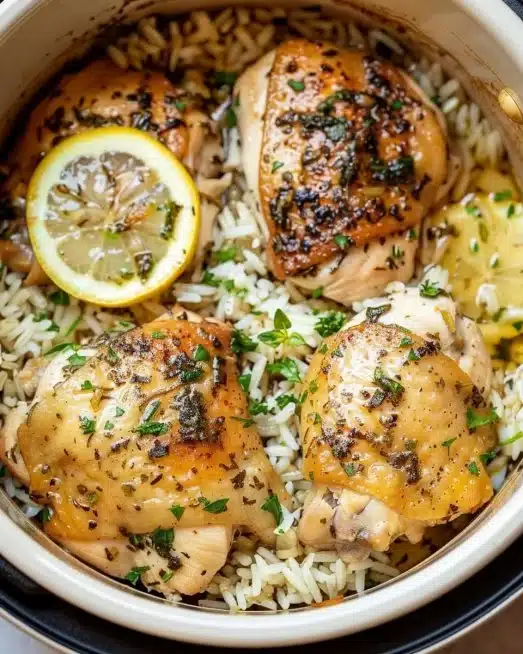 Plate of Slow Cooker Lemon Herb Chicken served with fluffy rice