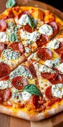 Delicious spicy pepperoni pizza with ricotta cheese and hot honey drizzle.
