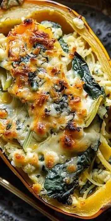 Delicious Spinach and Artichoke Stuffed Spaghetti Squash served on a plate