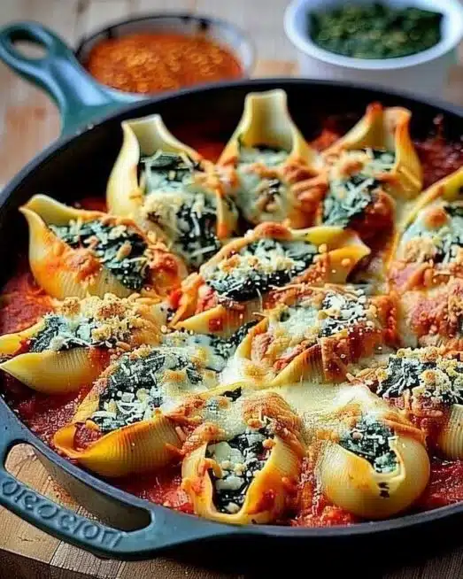 Baked spinach and ricotta stuffed shells topped with marinara sauce and cheese