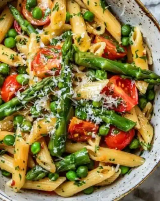 Colorful spring vegetable pasta with fresh vegetables and herbs