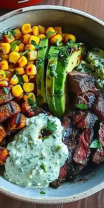 Steak Bowl with avocado, roasted corn, and cilantro cream sauce