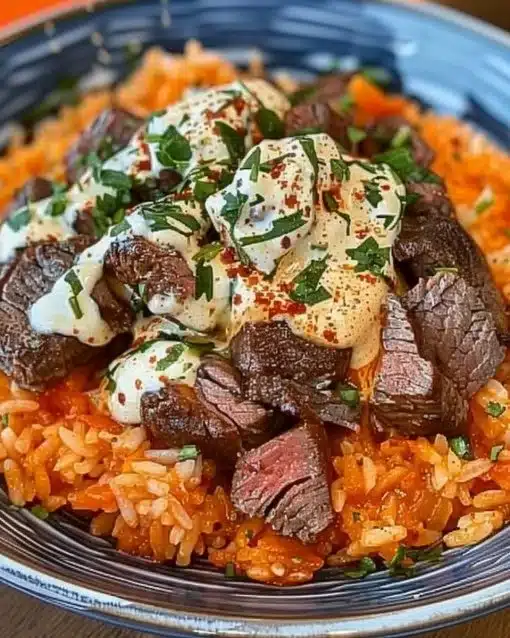 Delicious Steak & Cheese Rice topped with savory steak and melted cheese