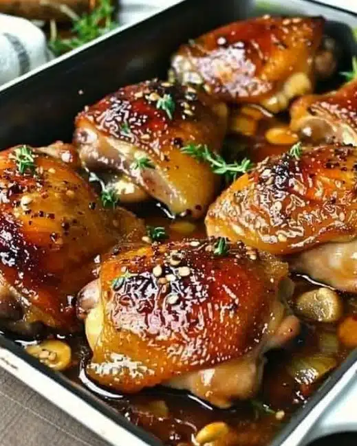 Delicious sticky baked chicken thighs fresh out of the oven
