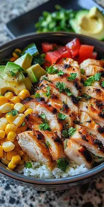 Delicious Street Corn Chicken Rice Bowl with fresh toppings and flavors