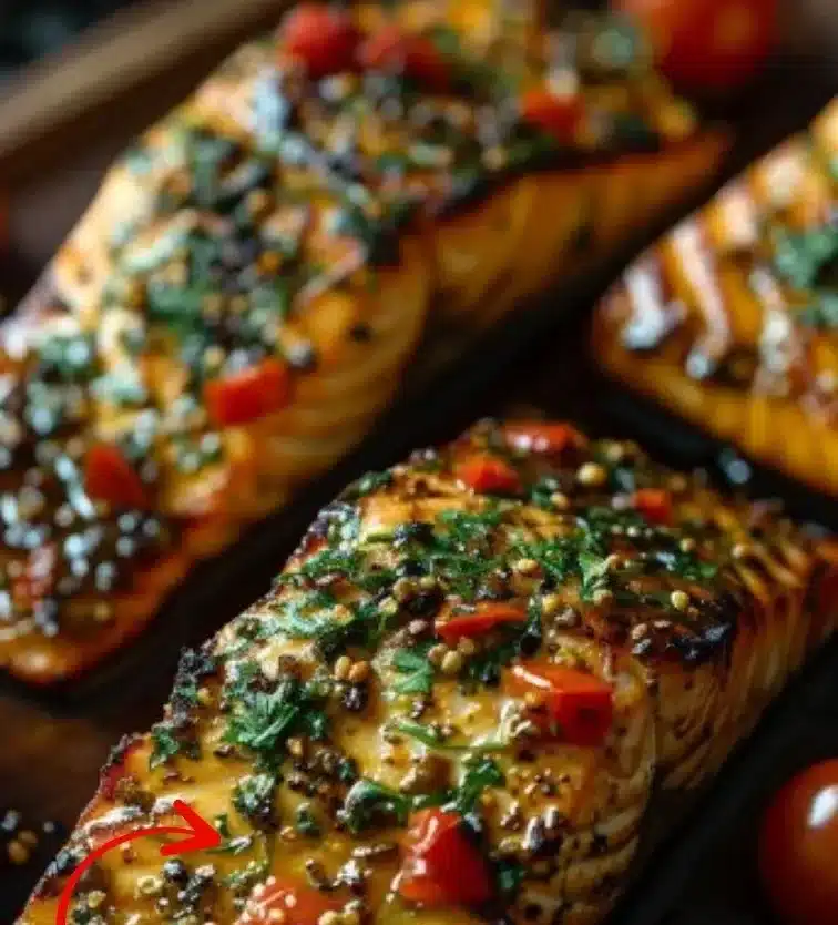 Delicious stuffed salmon cooked with herbs and served on a plate