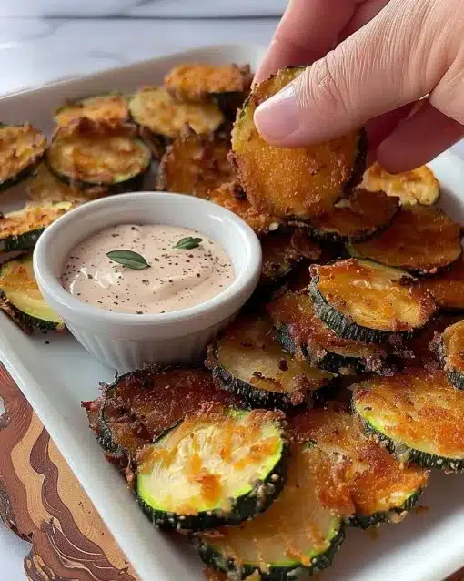 Super crispy air fried zucchini chips served in a bowl