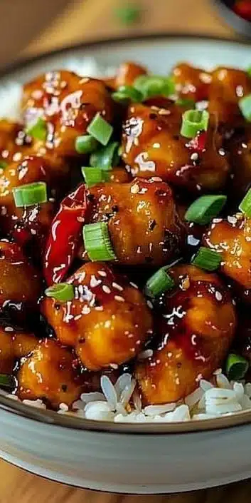 Plate of Sweet Chili Chicken garnished with herbs and served with rice