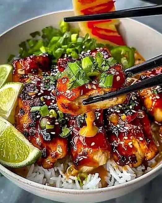 Sweet Chili Chicken Bowl topped with coconut lime drizzle on a colorful plate