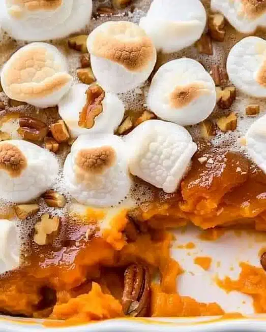 Sweet potato casserole with marshmallows and pecans served in a baking dish