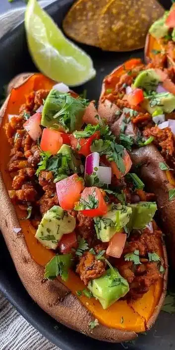 Stuffed sweet potatoes filled with taco ingredients on a plate
