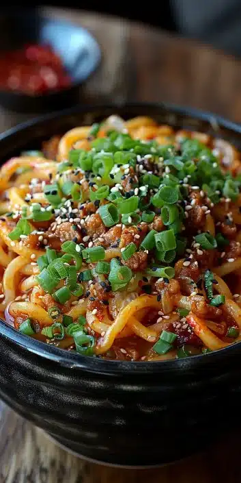 Delicious bowl of Szechuan Noodles garnished with fresh scallions and red chilies.