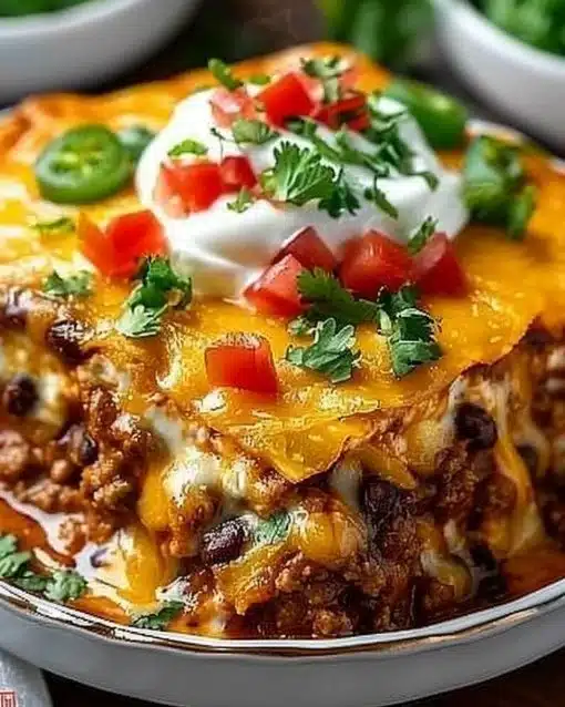 Delicious homemade Taco Casserole served in a baking dish