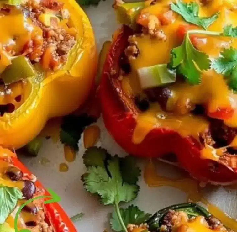 Colorful taco stuffed peppers filled with ground meat, cheese, and spices