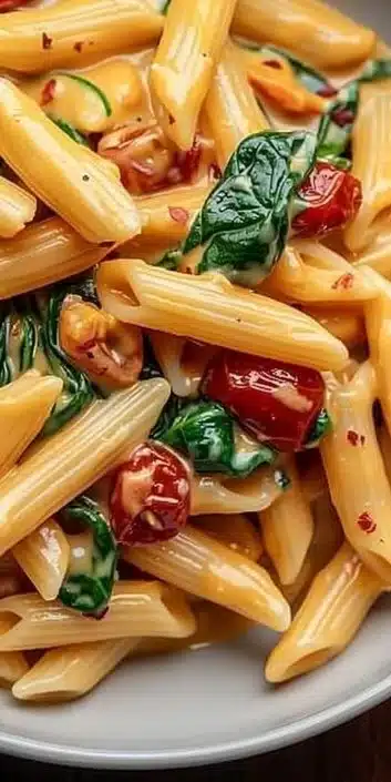 Bowl of tasty spinach tomato pasta with fresh spinach and tomatoes