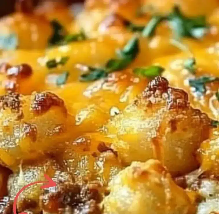 Tater Tot Casserole topped with golden crispy tater tots, served in a baking dish.