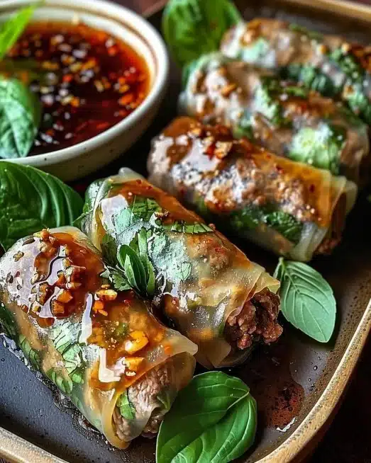Plate of Thai Basil Beef Rolls garnished with fresh basil leaves