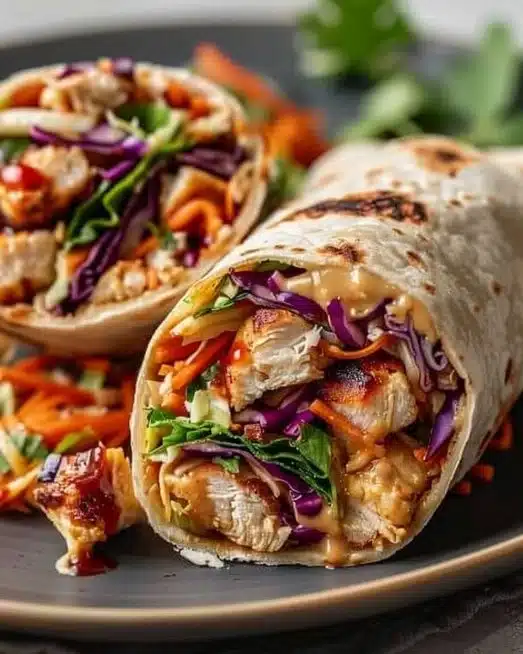 Delicious Thai Chicken Wraps served with fresh vegetables and dipping sauce