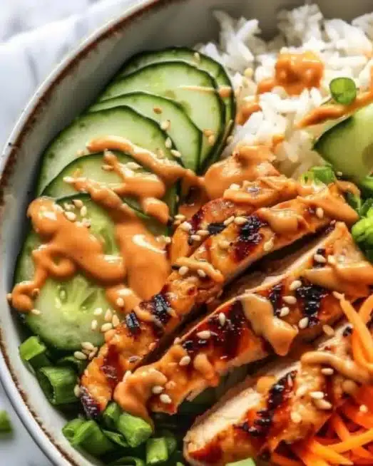 Thai Peanut Chicken Buddha Bowl with colorful vegetables and sauce