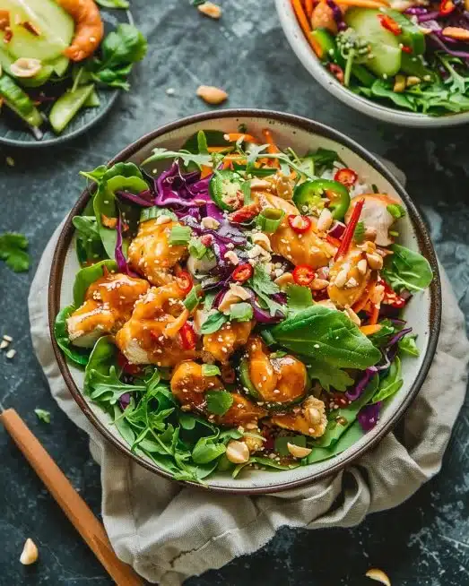 Thai Peanut Chicken Crunch Salad with fresh vegetables and peanut dressing