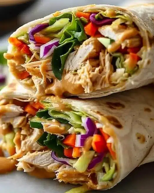 Delicious Thai Peanut Chicken Wraps served with fresh vegetables and peanut sauce.