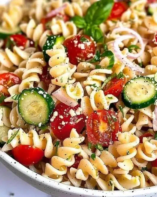 Delicious pasta salad with Italian dressing and fresh vegetables
