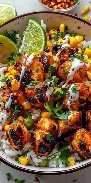Delicious Street Corn Chicken Rice Bowl garnished with fresh cilantro and lime