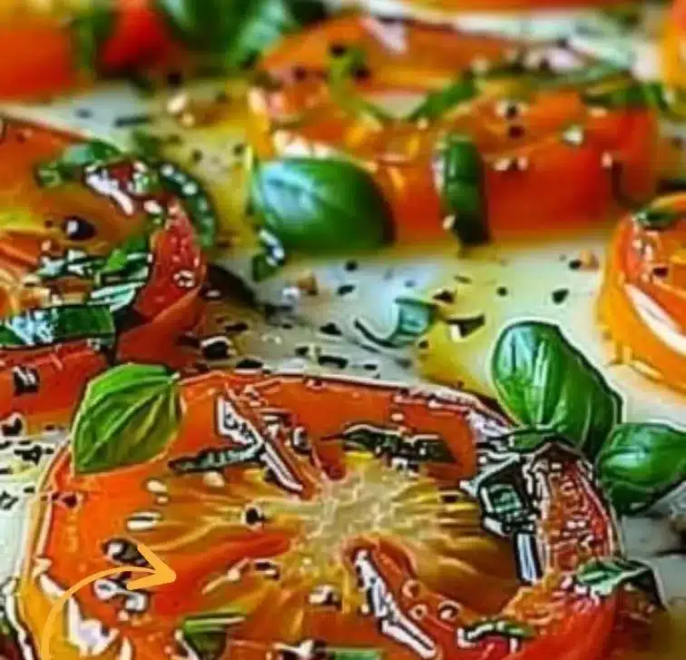 Delicious Tomato Basil Mozzarella Toast garnished with fresh basil leaves.