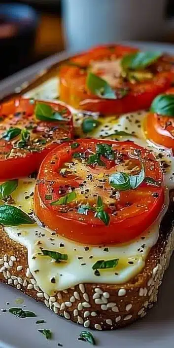 Delicious Tomato Basil Mozzarella Toast topped with fresh basil and tomatoes.