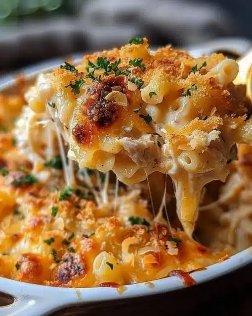 Delicious tuna noodle casserole dish ready to be served.