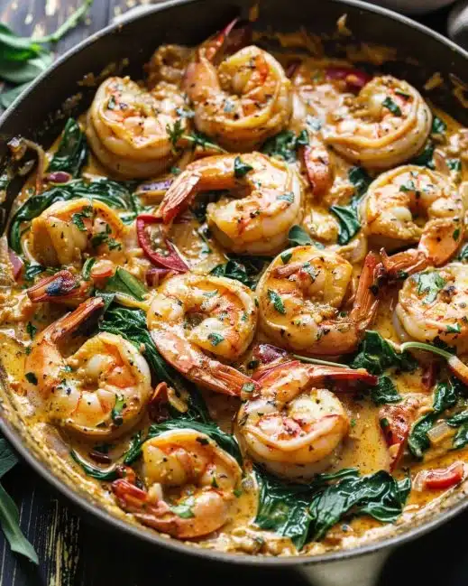 Plate of Tuscan Shrimp with Spinach and Artichokes garnished with herbs