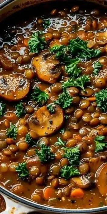 Bowl of Vegan Lentil Mushroom Stew with fresh ingredients and herbs