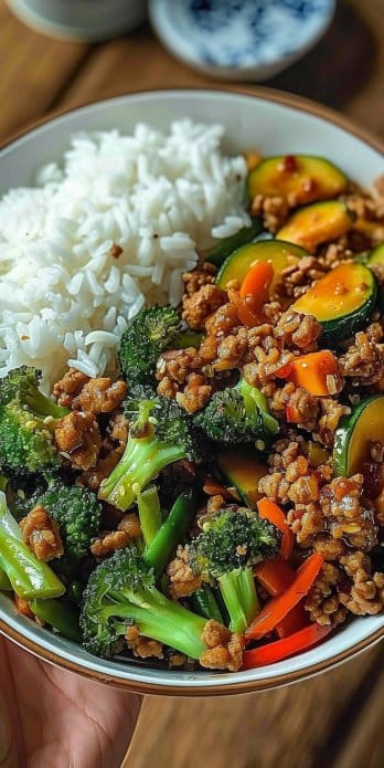 Spicy Ground Beef Stir-Fry Bowl with Garlic Veggies & Steamy Rice