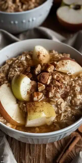 Delicious bowl of no-sugar apple cinnamon oatmeal for a cozy morning